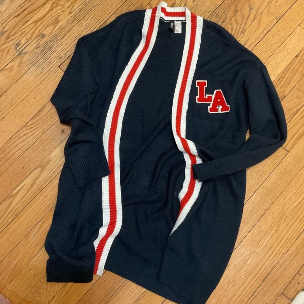 Women’s Navy Blue Long Cardigan with Red and White Stripes